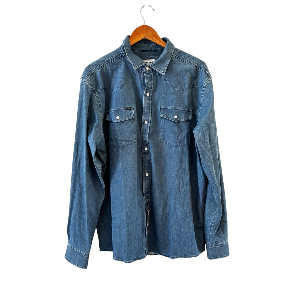 Poncho Denim Snap Shirt Mens XL Slim Fit Blue Western Rancher Workwear Cowboy